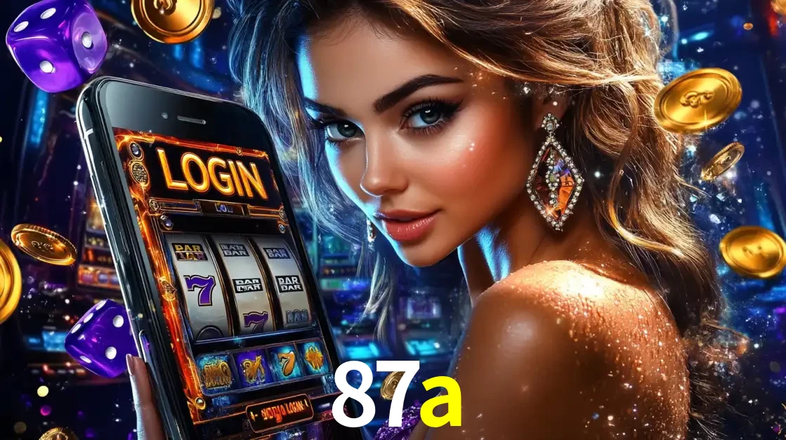 Mulher glamorosa segurando um smartphone com a tela de login para os jogos de caça-níqueis do cassino online 87a, com moedas de ouro e dados ao redor.